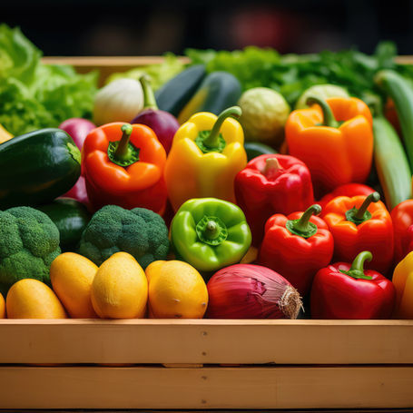 Fresh fruit and vegetables in a crate.