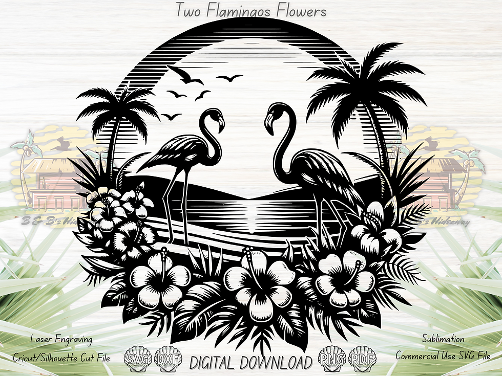 Flamingo Beach Scene SVG design with two flamingos, palm trees, seagulls and hibiscus in a round beach scene, line art