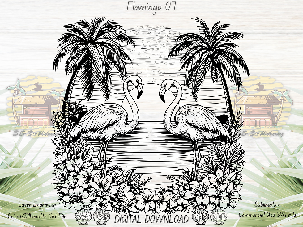 Flamingo Palm Tree Sunset SVG: two flamingos against a blazing sunset with palm trees, laser-ready line art