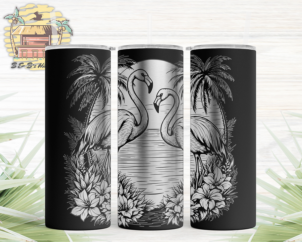 Thumbnail: Flamingo Sunset Scene SVG design laser engraved in silver on three black 20oz skinny tumblers