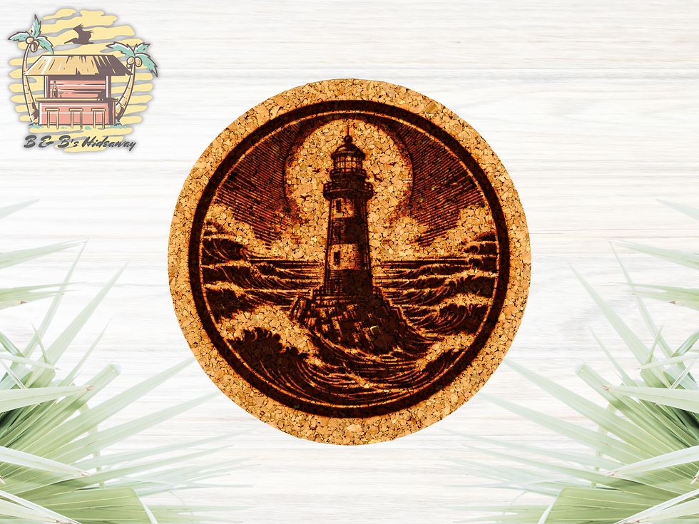 Thumbnail: Lighthouse on the Rocks SVG design laser engraved on a round cork drink coaster