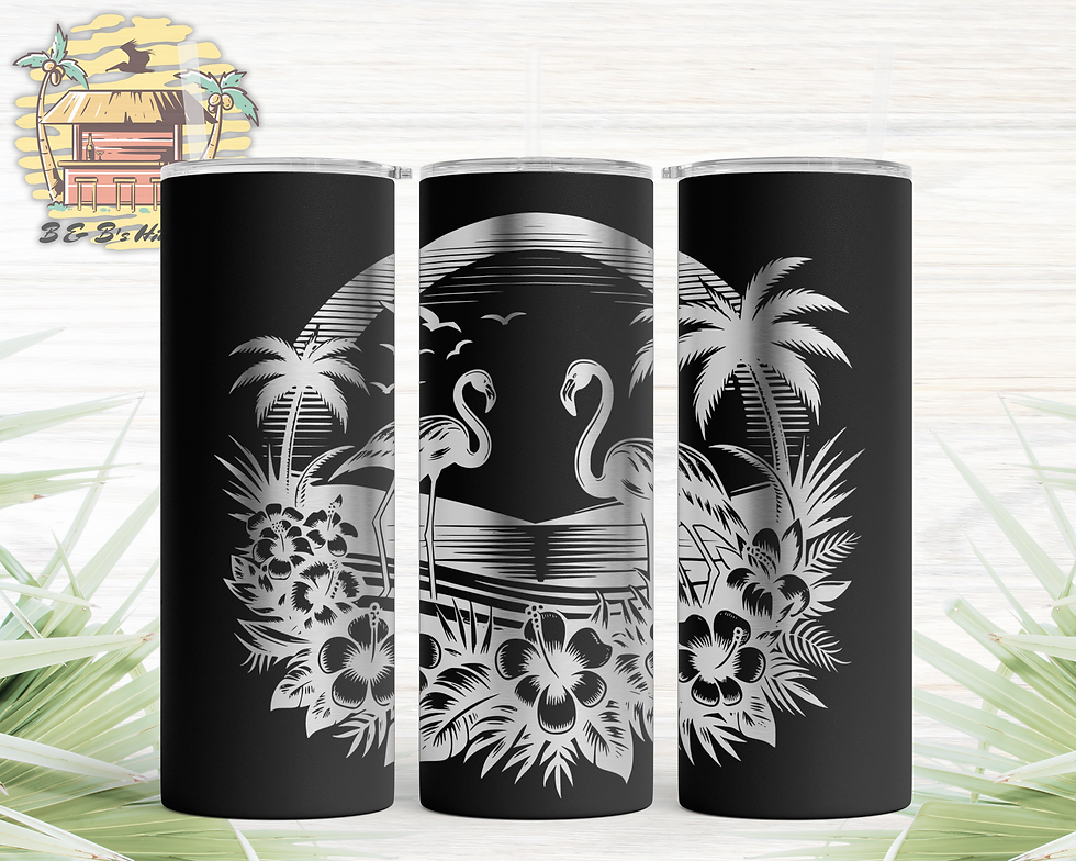 Thumbnail: Flamingo Beach SVG design in the thicker laser engraving on three 20oz stainless skinny tumblers.