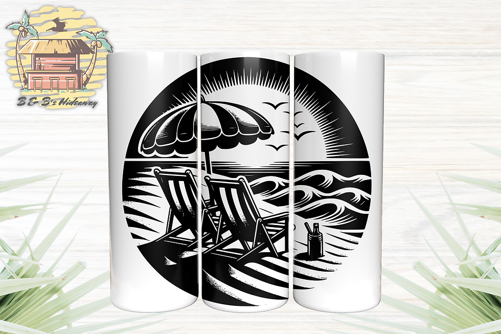 Thumbnail: Beach Umbrella & Chairs Design sublimated in black on 3 white 20oz skinny tumblers