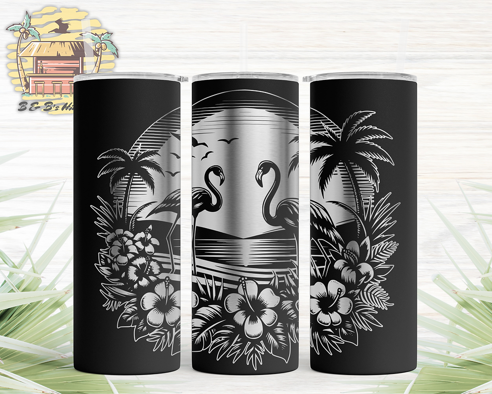 Thumbnail: Flamingo Beach Scene SVG design in the thinner laser engraving on three 20oz stainless tumblers.