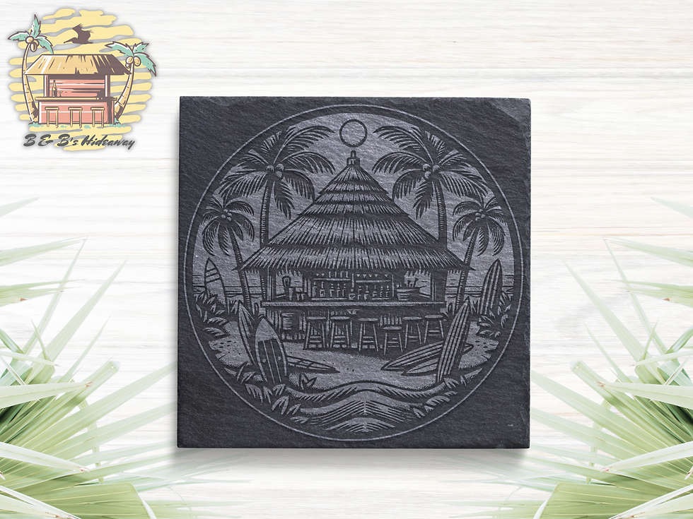 Thumbnail: Tiki Bar Design laser engraved on a black square slate drink coaster.