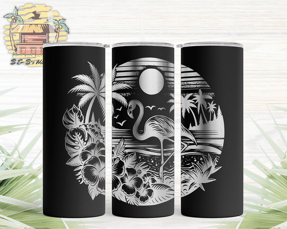 Thumbnail: Beach Scene SVG design laser engraved on three 20oz stainless skinny tumblers, thicker engraving.