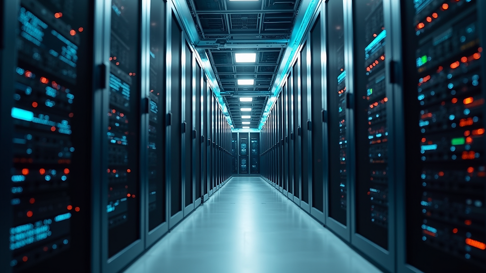 Eye-level view of a server room with organized servers and cybersecurity monitoring equipment