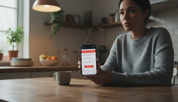 Eye-level view of a person checking a suspicious message on a phone at a kitchen table.
