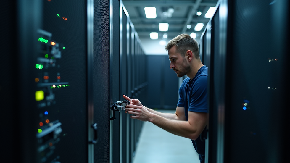 Close-up view of a technician configuring network equipment in a data center