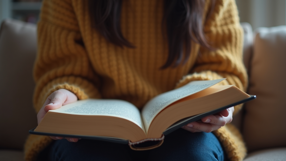 Eye-level view of a person reading a book in a cozy environment