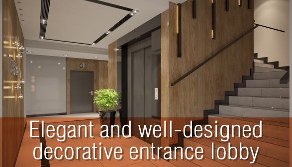 Elegant and well-designed decorative entrance lobby with stairs and elevator.