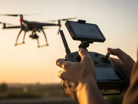Drone pilot operating a drone for aerial real estate photography and videography during sunset.