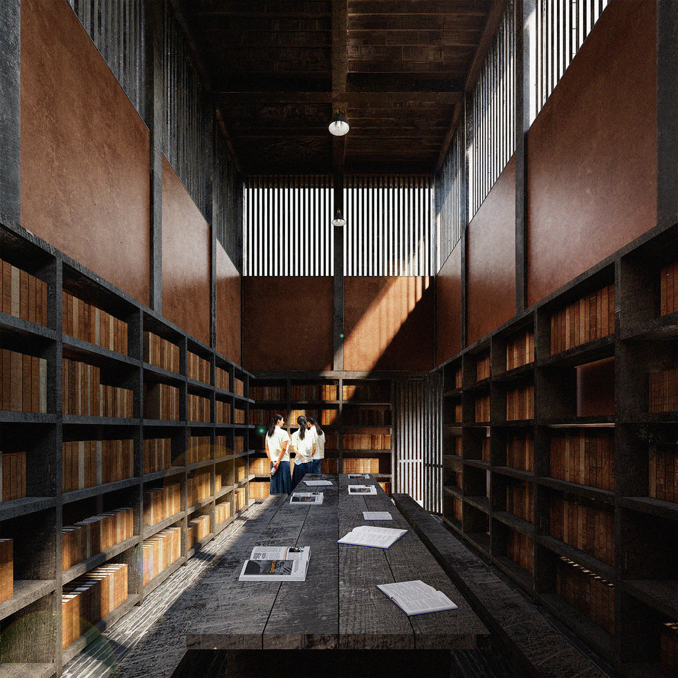 Biblioteca de Escuelas Rurales iluminada naturalmente mediante una estructura de madera y espacios de lectura para la comunidad escolar.