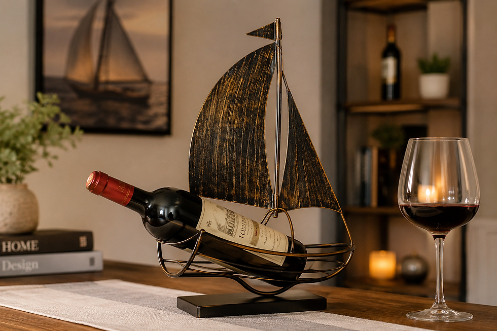 Sailboat wine bottle holder displayed on a dining table with a wine bottle and glass