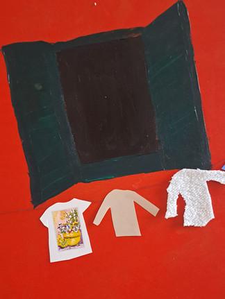 obraz DIY, czerwony, wiszące pranie ze skrawek materiałów