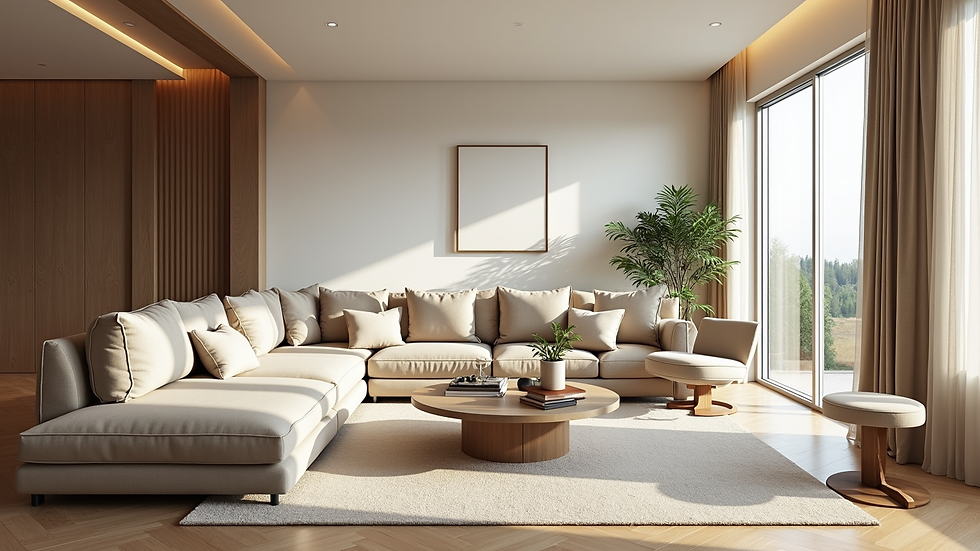 Wide angle view of a luxurious North Shore living room with natural light and elegant furnishings