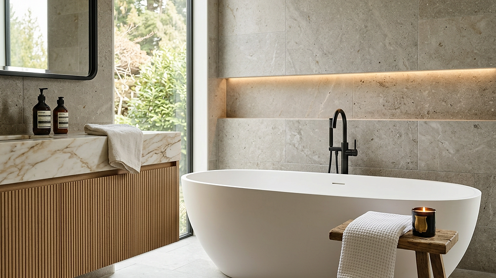 Close-up view of a luxurious bathroom with natural stone tiles and a freestanding tub
