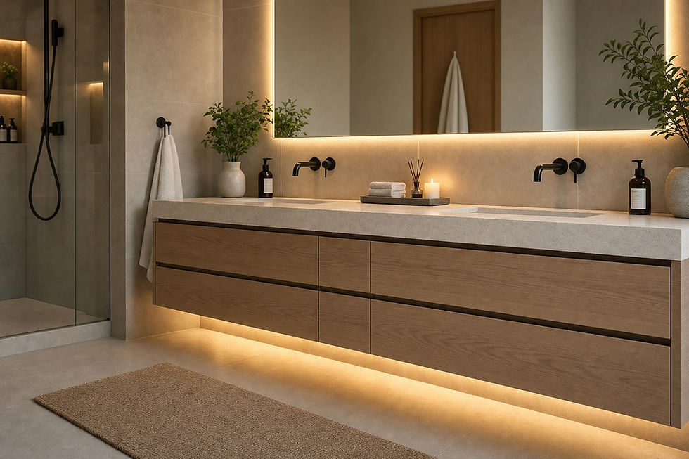 Proposed bathroom renovation concept with layered lighting and clean finishes