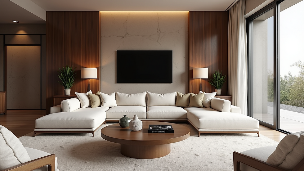Eye-level view of a luxurious living room with walnut wood accents and soft Italian linens