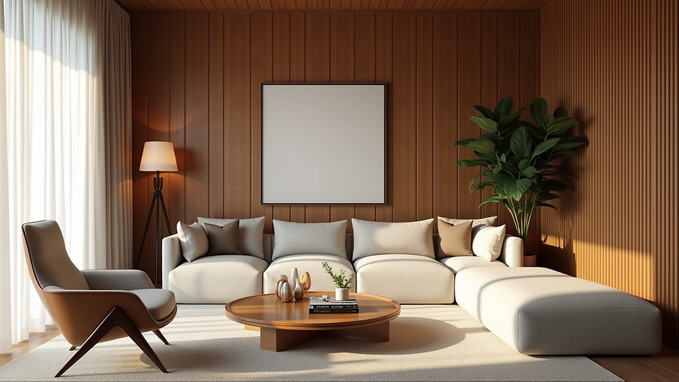 Eye-level view of a luxurious living room with custom wood paneling and soft natural light