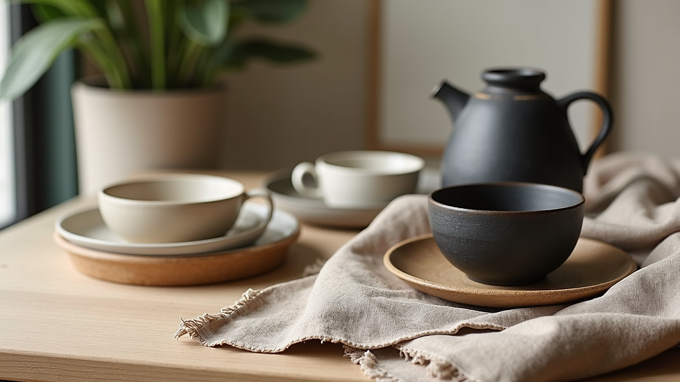 Close-up view of textured natural fabrics and handcrafted ceramics on a wooden table