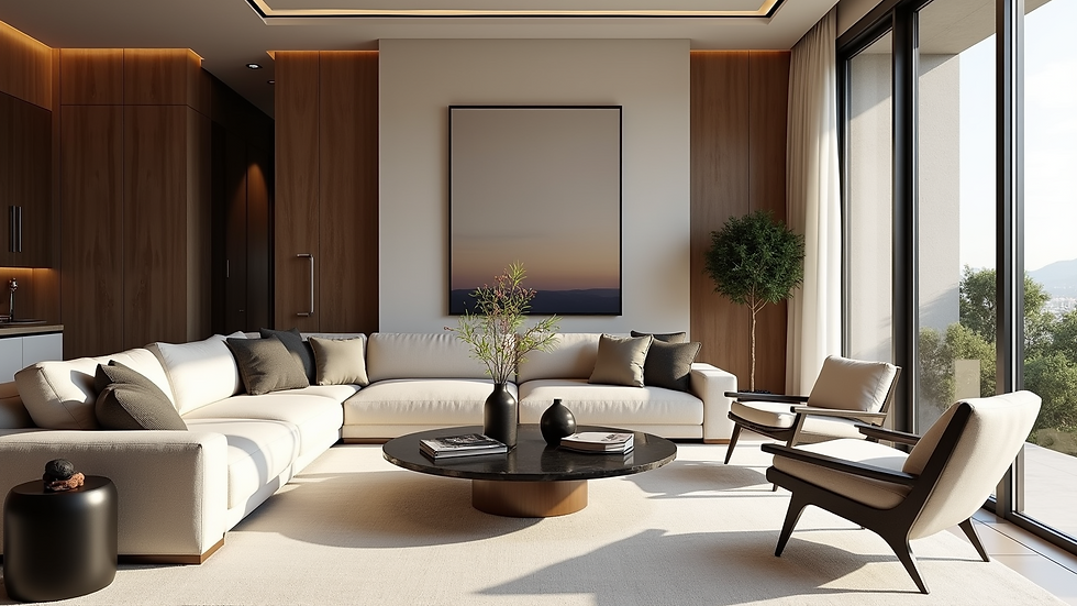 Eye-level view of a luxurious living room with natural light and textured fabrics