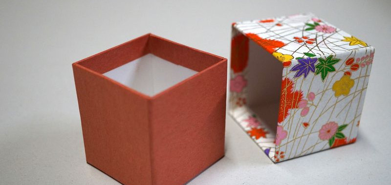 A small, custom-made box made with Chiyogami paper pattern No. 3002 and a combination of crimson and folk art paper.