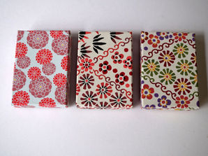 Small decorative box for incense, made with three different chiyogami paper patterns.
