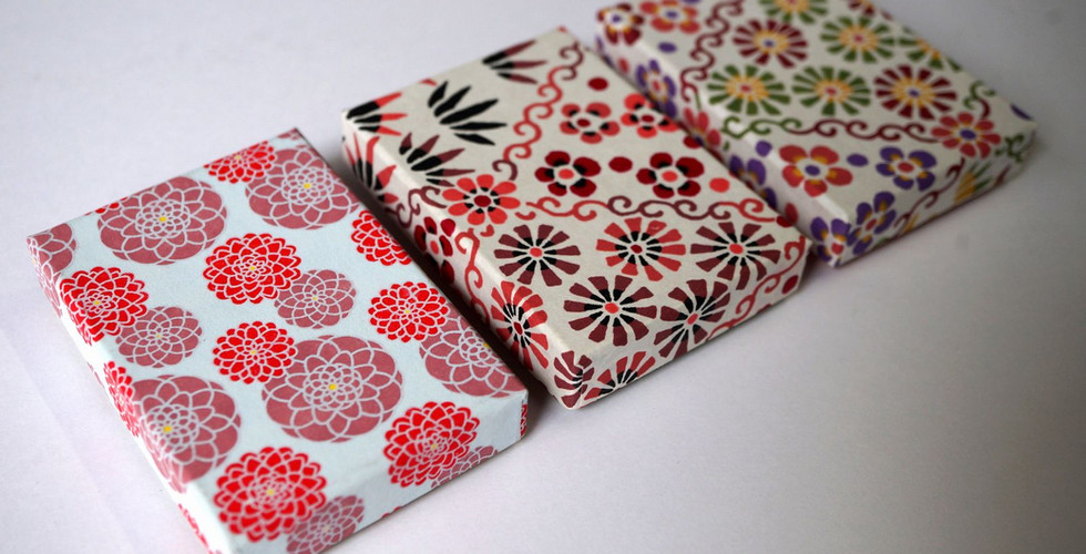 A small paper box for incense, made using three different chiyogami (decorative paper) patterns chosen to match the image of the incense's fragrance.