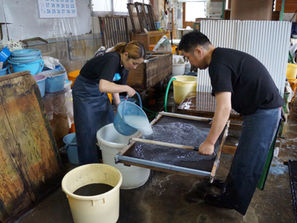 A scene from the papermaking workshop where various handmade washi papers are made