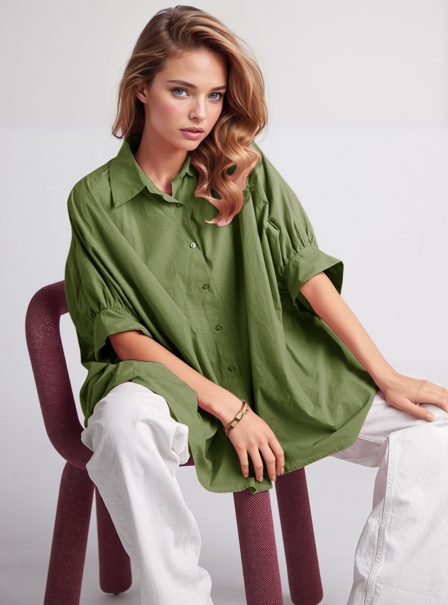Green Oversized Blouse With Short Sleeve