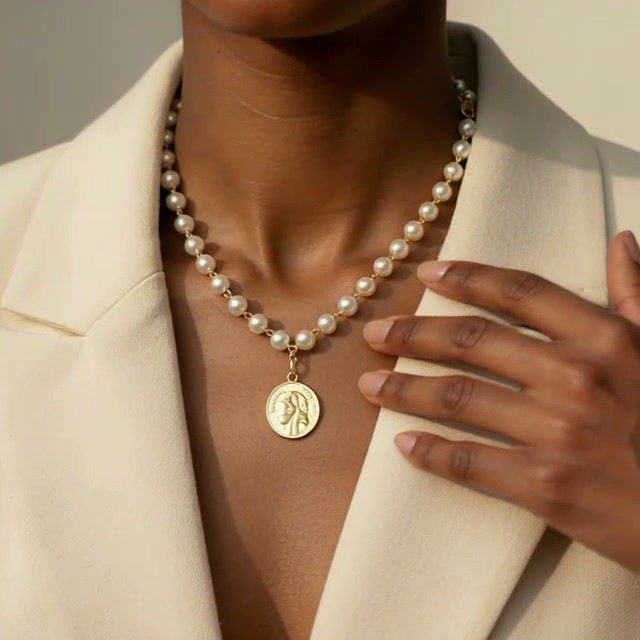 Thumbnail: “L’Héritière” — Cream Czech Glass Pearl Necklace with Vintage Fleur-de-Lis Charm