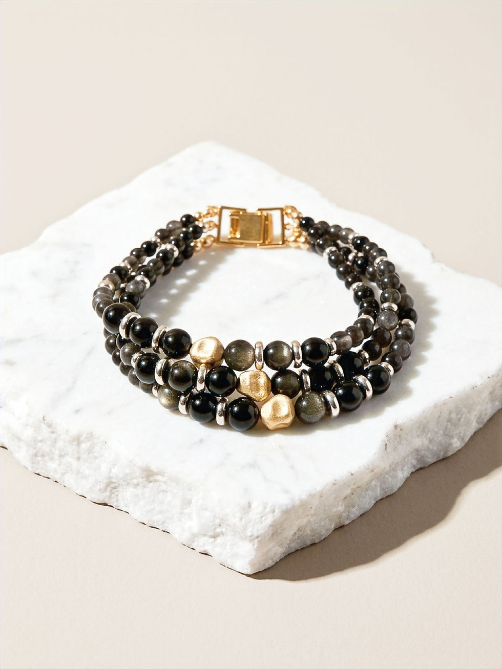 Noir Doré | Triple-Strand Gold Sheen Obsidian Bracelet