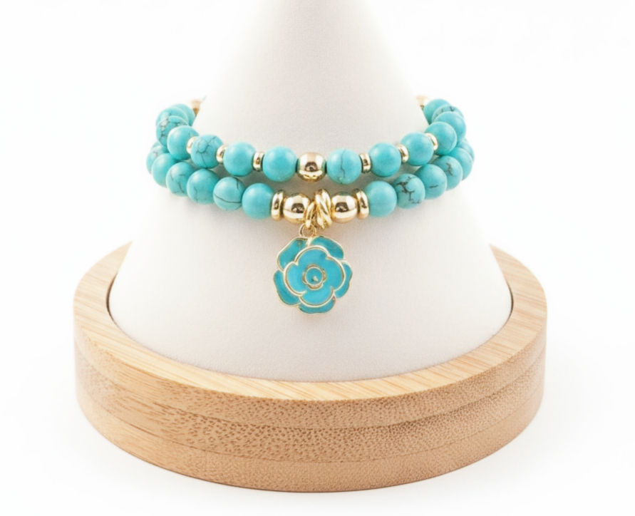 Fleur Céleste Turquoise Bracelet Set | Natural Turquoise & Blue Enamel Flower Bracelets | Maison de Bijoux