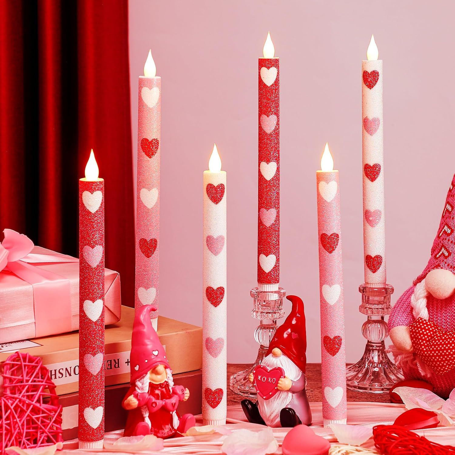 6 Pcs Heart Glitter Flameless Taper Candles 10.6 Inch Valentines Day Candles Bat
