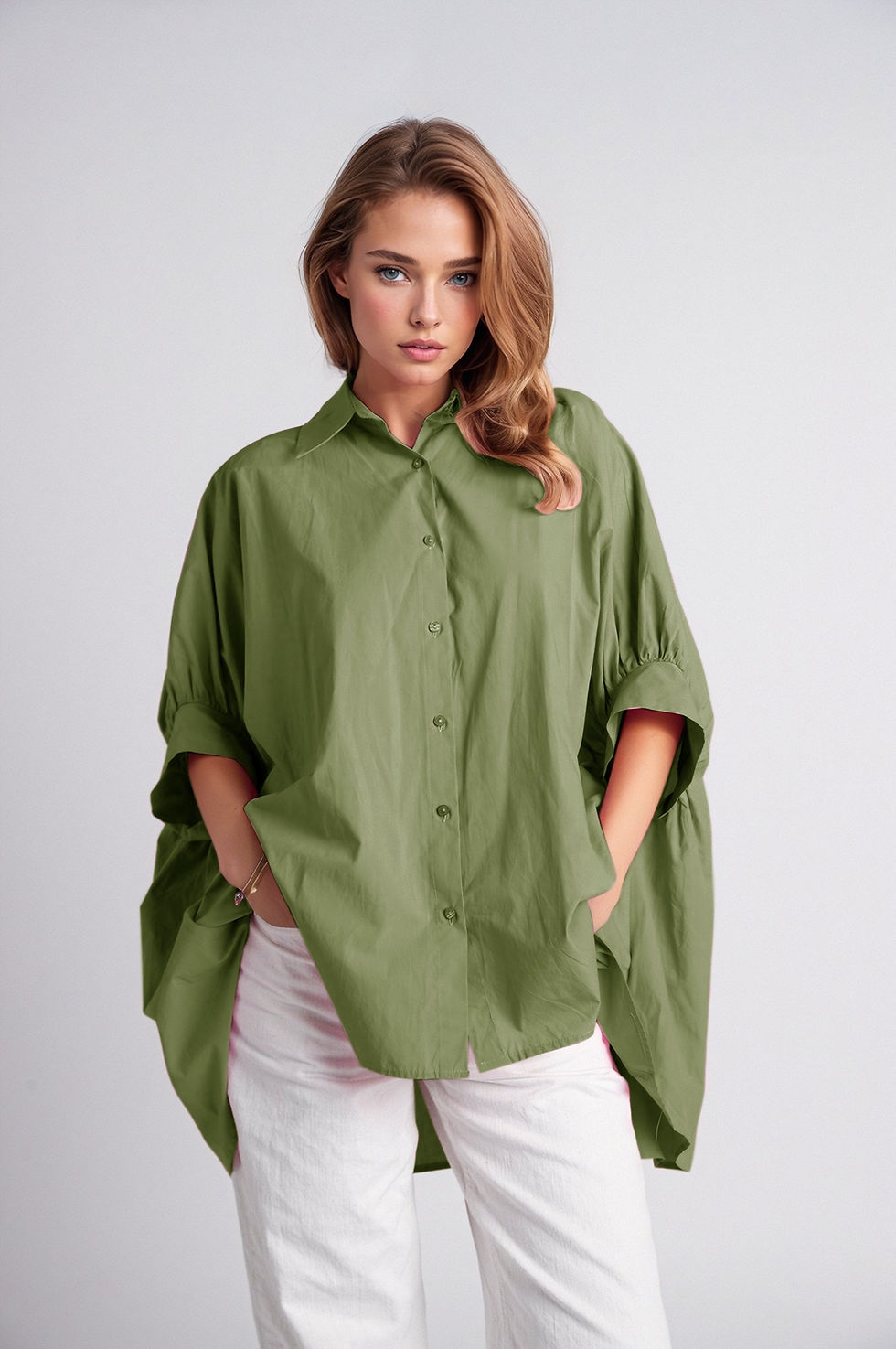 Thumbnail: Green Oversized Blouse With Short Sleeve