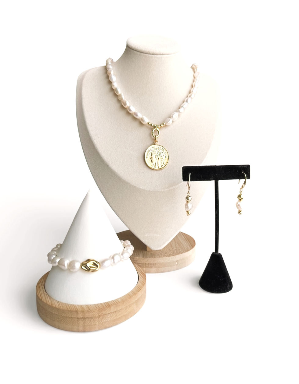 Thumbnail: Trésor de Perle “Pearl Treasure”, Pearl & Gold Necklace, Bracelet, & Earring Set