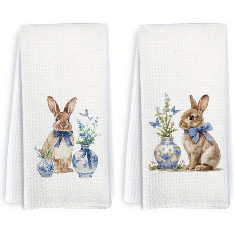 2pcs Chinoiserie Bunny Rabbit Kitchen Tea Towels, 18x26in