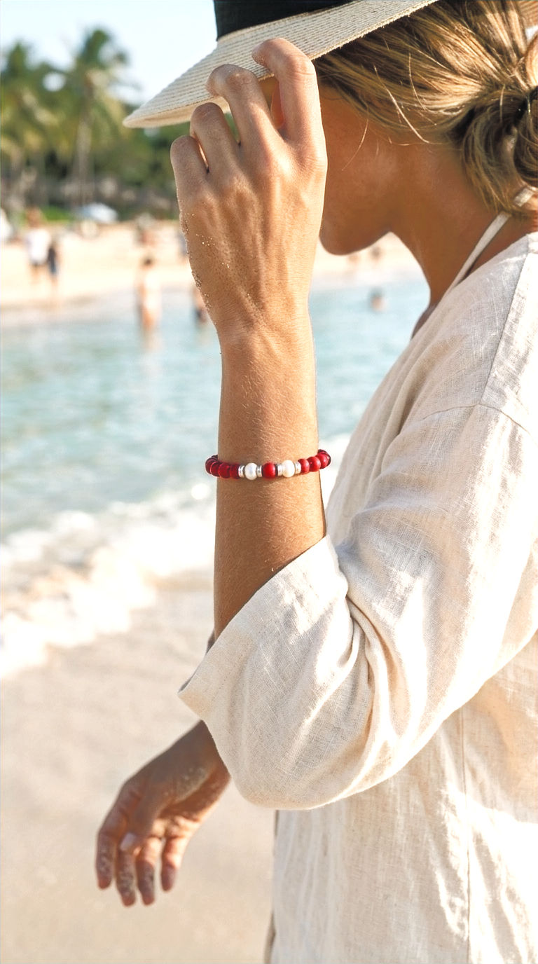 Kai Momi ʻUla - Vintage Red Coral & Pearl Bracelet - Moku Collection