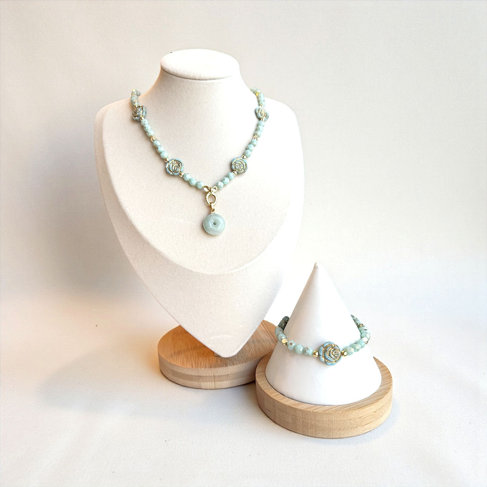 Mint Verdant Czech Glass & Jade Convertible Necklace and Bracelet Set