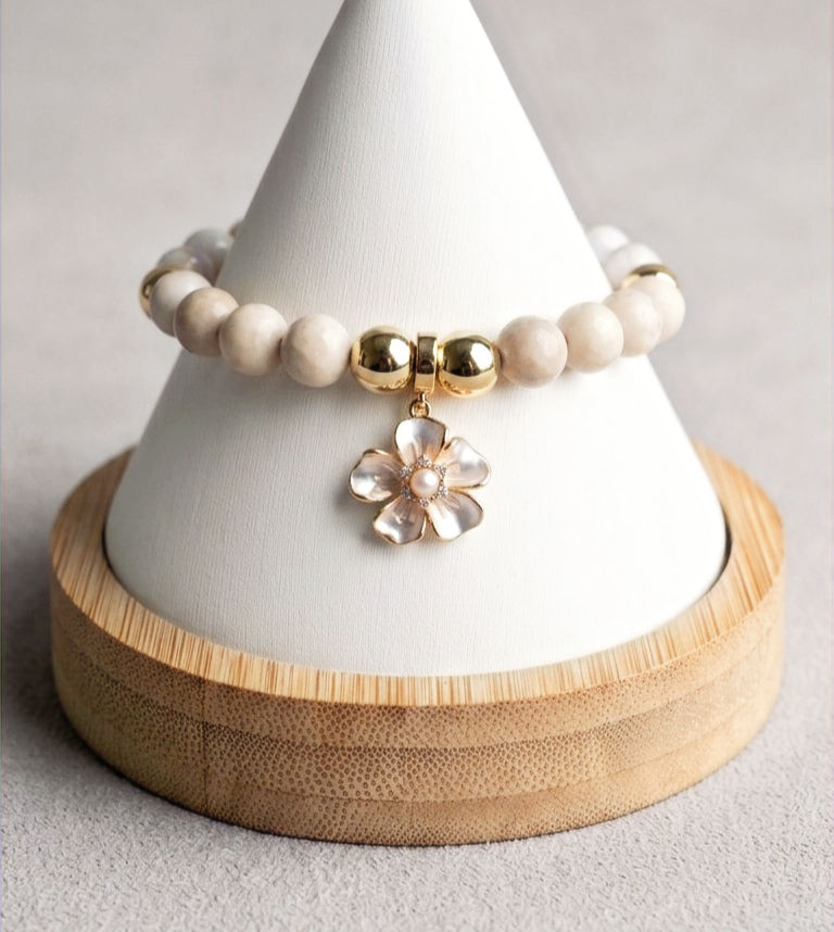 Thumbnail: Lāʻau Lani III “Heavenly Leaf III” - White, Nude Coral & Gold Sakura Bracelet