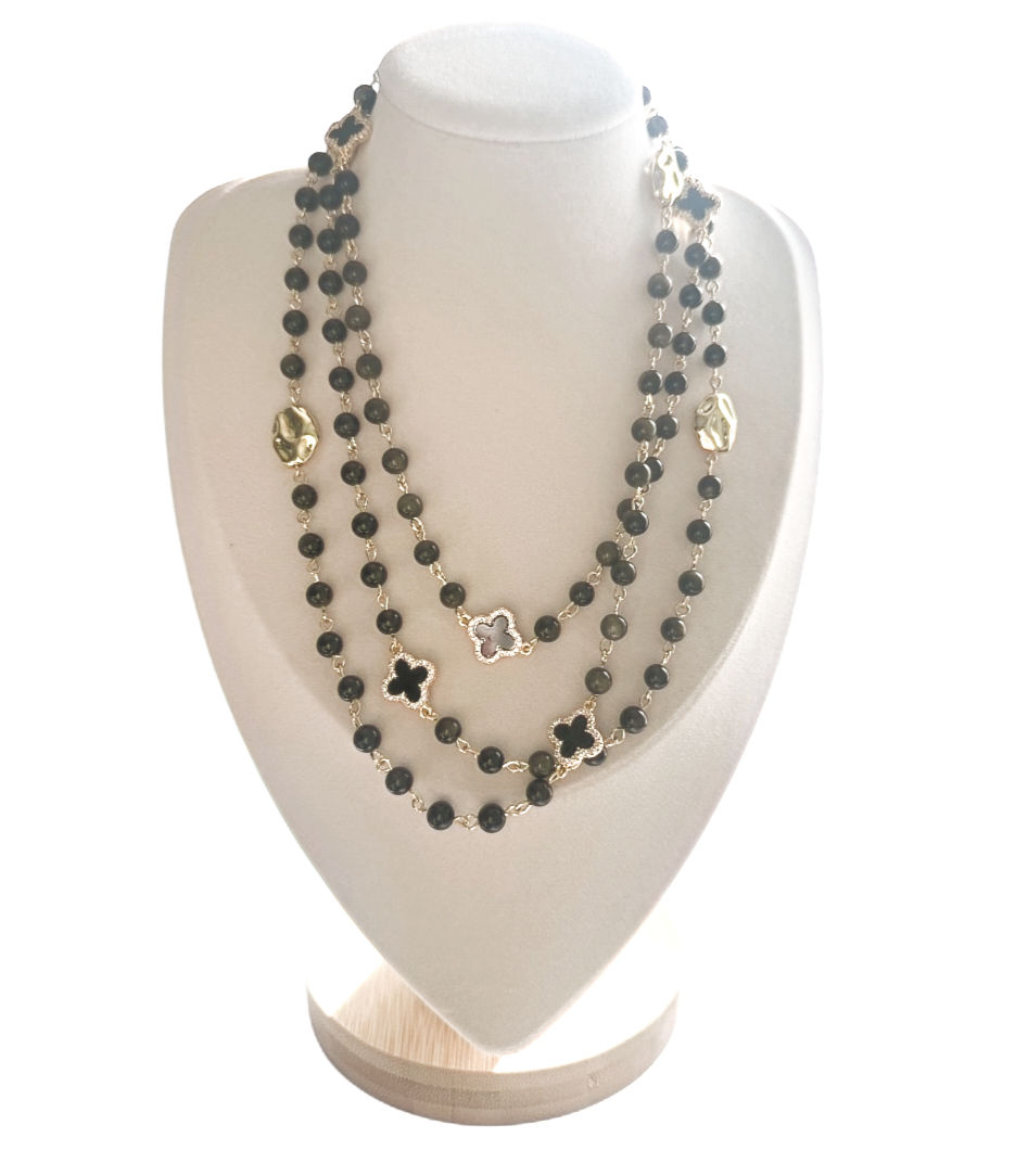 Gold Sheen Obsidian & Clover Necklace