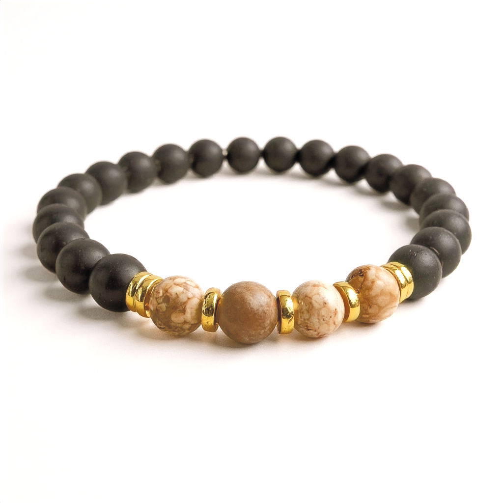 Men's Matte Black Onyx Bead Bracelet with Fossil Stone and Gold Accents