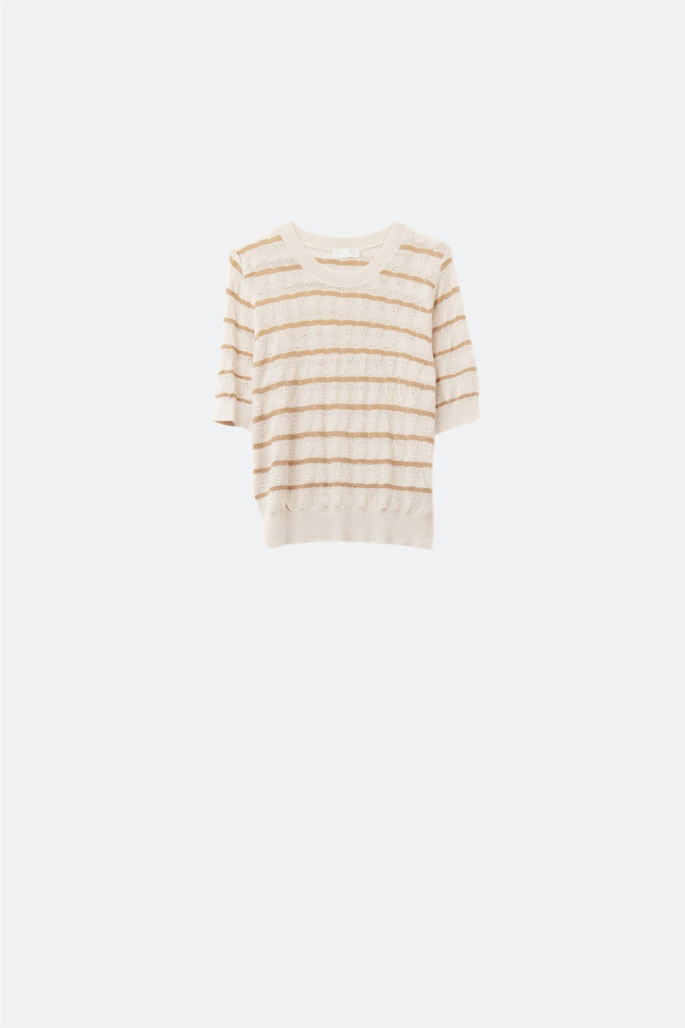 Beige Openwork Knit Top With Short Sleeves and Gold Stripes
