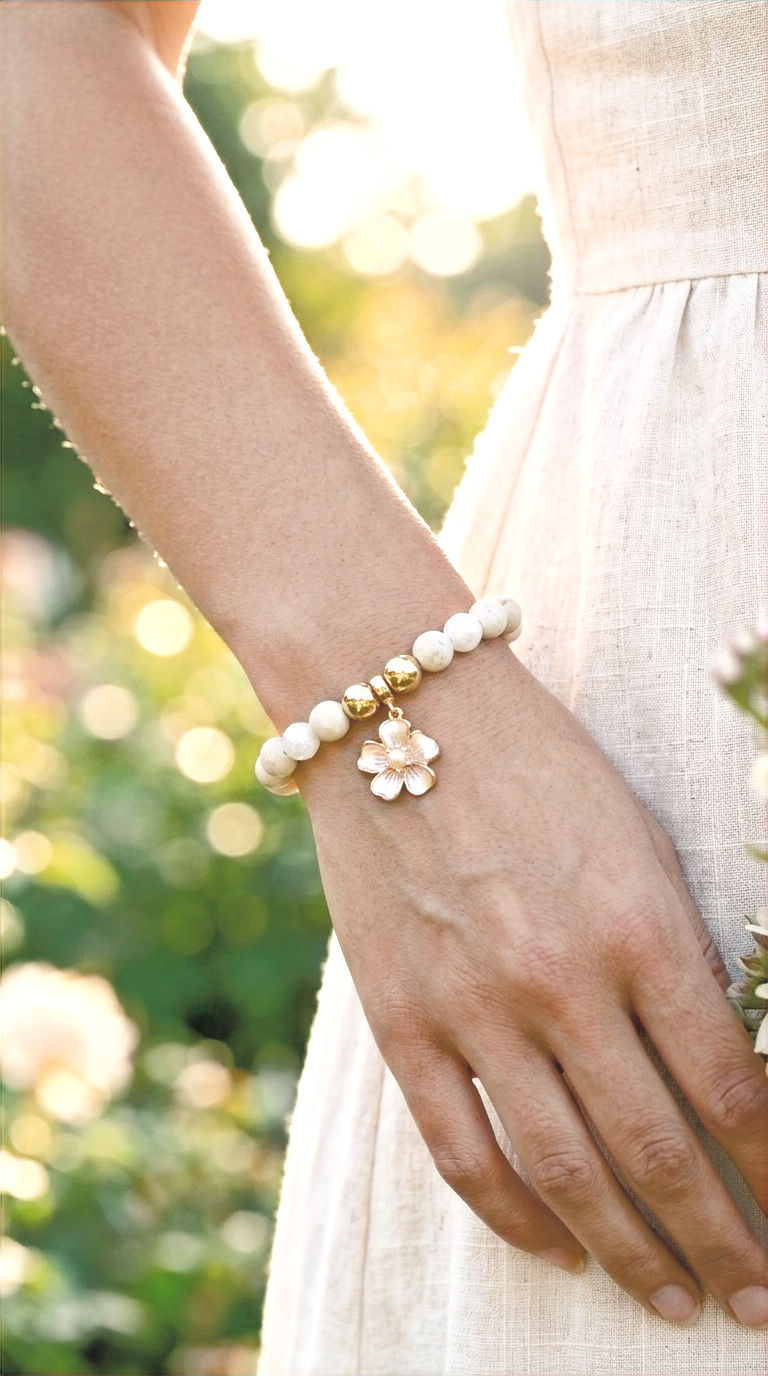 Thumbnail: Lāʻau Lani III “Heavenly Leaf III” - White, Nude Coral & Gold Sakura Bracelet