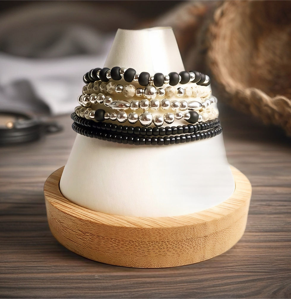 Thumbnail: Matte Black & Smoky Crystal Seed Bead Bracelet Set – Set of 6