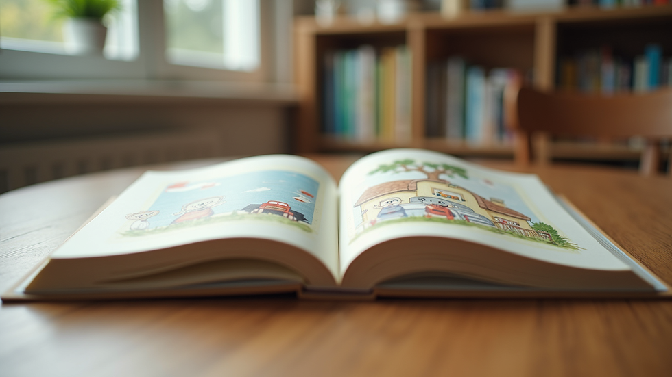 Eye-level view of a children's book open on a table with colourful illustrations