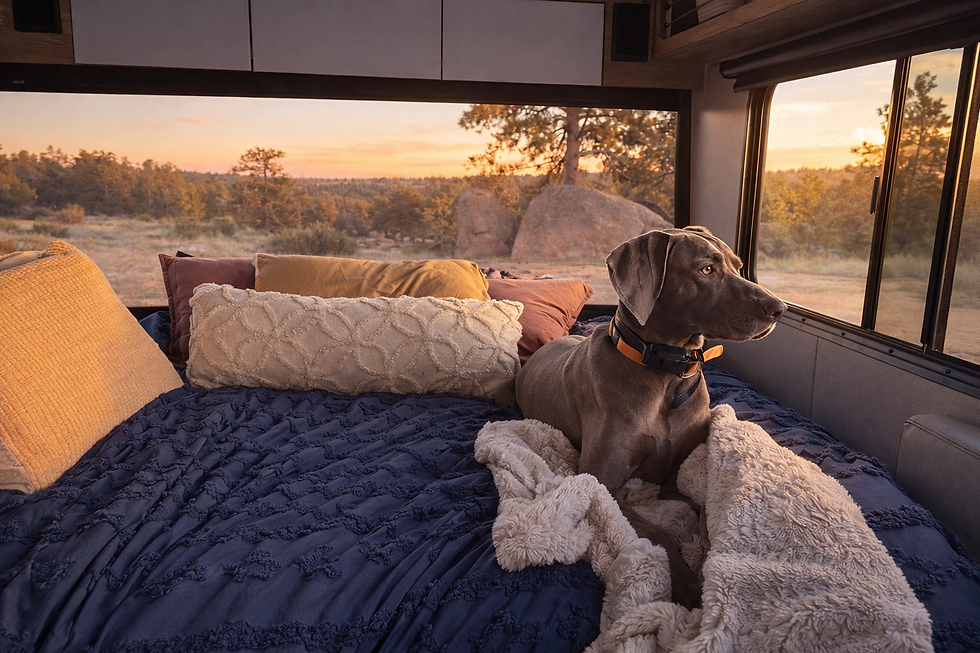 Dog lying on a cozy bed in a camper, gazing out at a scenic sunset with trees in the background. The bedding is blue with fluffy pillows.