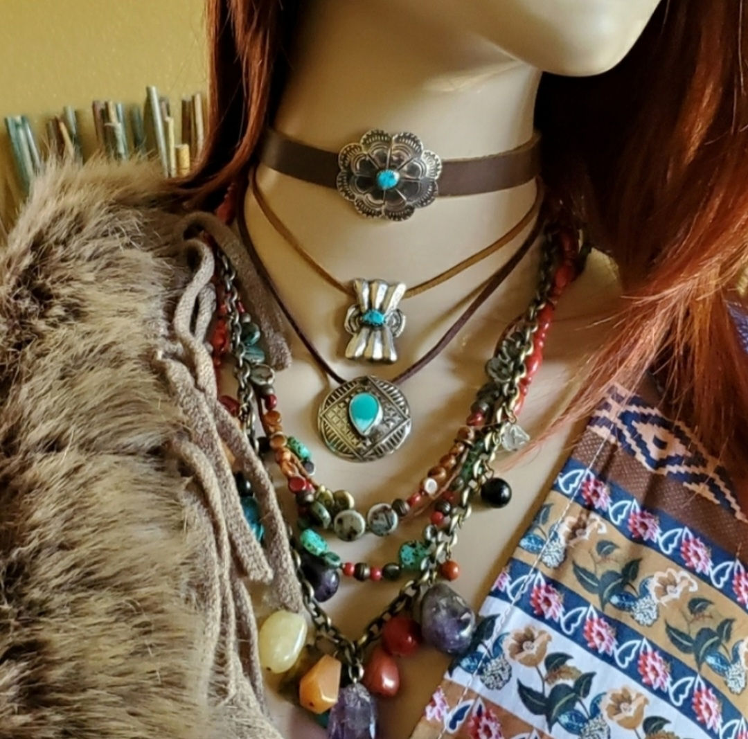Southwest Bohemian Gypsy Vintage Sterling Turquoise Concho Choker