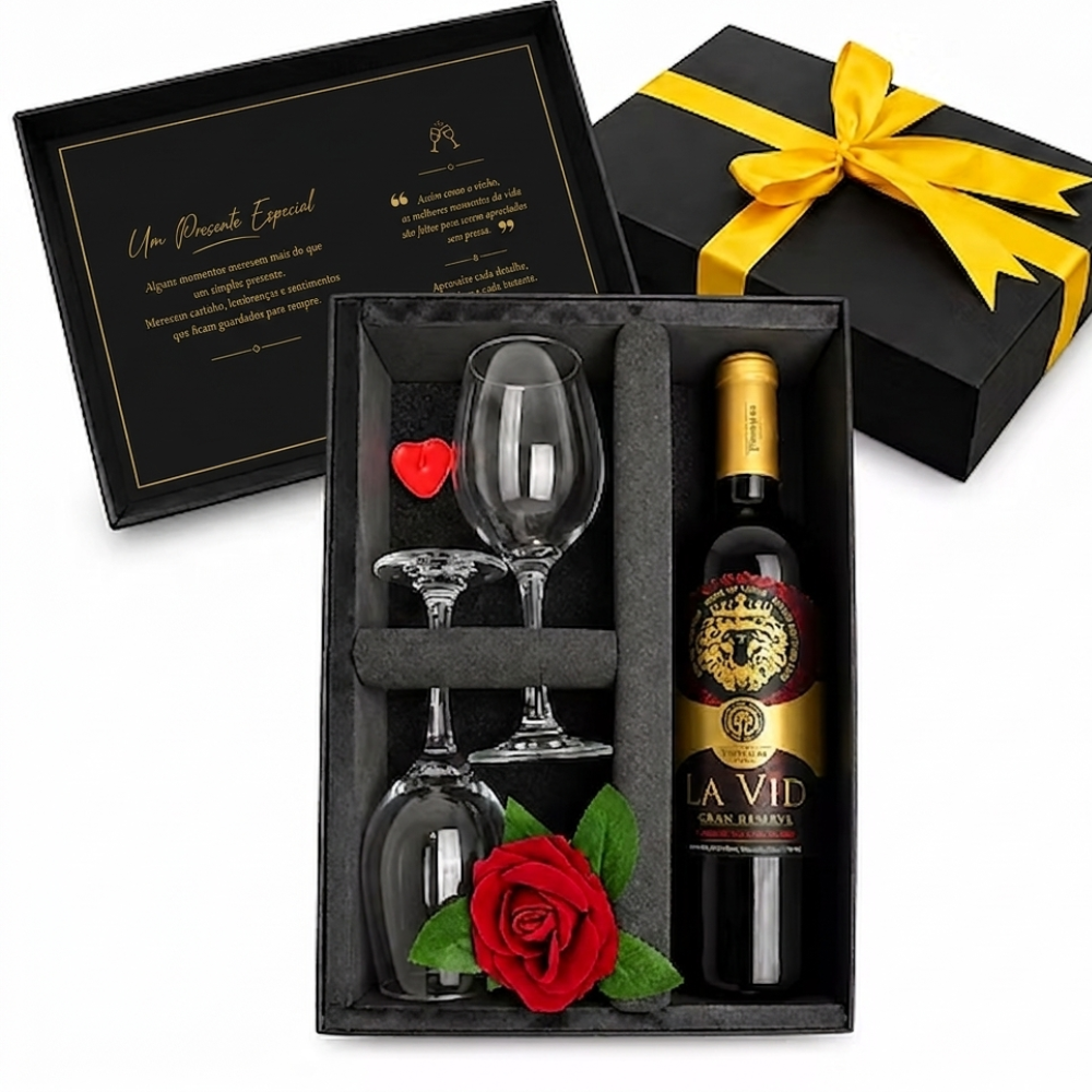 Kit Presente Romântico Vinho Chileno Gran Reserva La Vid com 2 Taças Laço